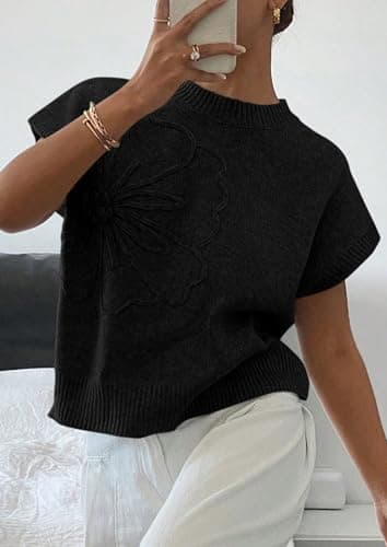 PRETTYGARDEN Women's 2026 Spring Sweater Vest Trendy Flower Knit Short Sleeve Cute Pullover Tank Tops Summer Fashion Clothing (Black,Medium) - Thumbnail 2