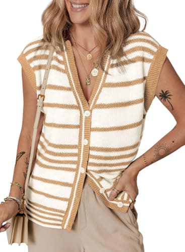 Dokotoo Sweaters for Women V Neck Cable Knit Vest for Women 2026 Womens Vest Top Trendy Cardigan Sweaters Khaki Small - Image 1