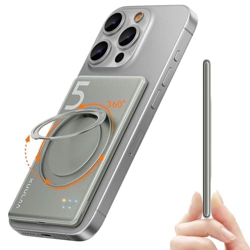 Kuulaa 5000mAh Magnetic Power Bank for iPhone 0.41in Slim Magsafe Battery Pack Wireless Portable Charger with Rotable Stand 20W PD USB C Output for iPhone 17/16/15/14/13/12 Series (Titanium) - Image 1