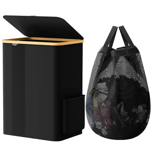 SpaceTrove Laundry Basket Clothes Hamper with Lid and Side Pocket Large Collapsible Laundry Baskets with Handle, Freestanding Hampers for Bedroom Aesthetic, Dorm, Bathroom, Laundry Room (80L, Black) - Image 1