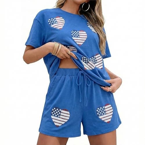 MYHALF 4th of July Sets for Women Sequin Star Graphic Shirt and Shorts Patriotic Outfits 2 Piece Short Sleeve Lounge Set - Thumbnail 6