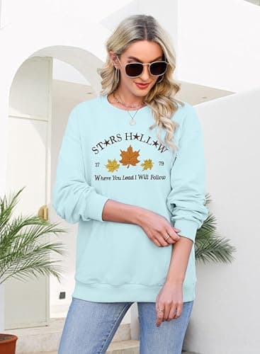 Crewneck Sweatshirt for Women Fall Leaf Graphic Sweatshirts Vacation Long Sleeve Drop Shoulder Pullover Blue - Thumbnail 5