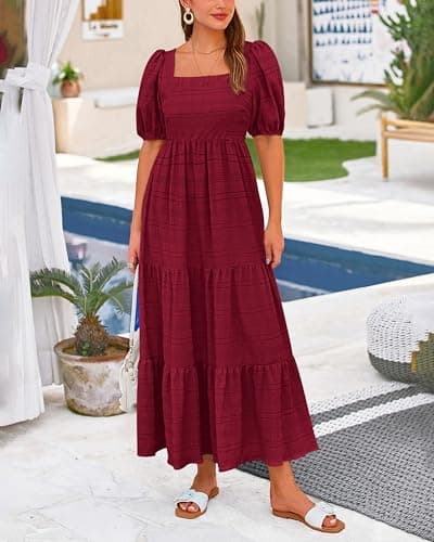 PRETTYGARDEN Women's Summer Dresses 2026 Puff Sleeve Square Neck High Waist Smocked A-Line Flowy Loose Fit Midi Dress(Wine Red,XX-Large) - Thumbnail 4