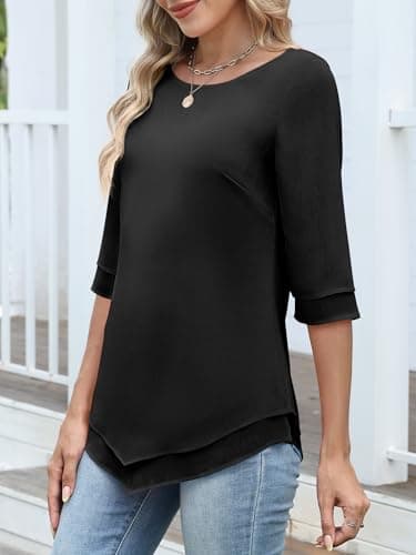 ANRABESS Womens 3/4 Sleeve Blouses Dressy Casual Double Layers Shirts Flowy Tunic Top 2026 Spring Beach Vacation Clothes Black Large - Thumbnail 5