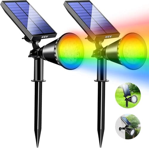 KEV Solar Spot Lights Outdoor,18 LEDs Color Changing RGB Solar Flood Lights with 8 Modes &IPX65 Waterproof,Halloween Solar Spotlight for Driveway/Backyard/Landscape/Tree(Multicolor,2 Pack) - Image 1