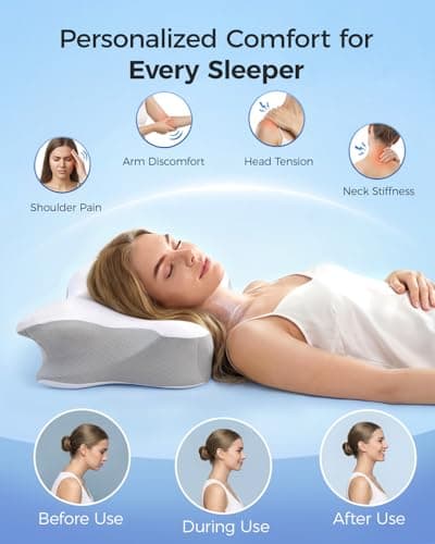 fumacos Ergonomic Cervical Memory Foam Pillow with Wide Arm Support Area, Cooling Breathable Removable Pillowcase, for Side, Back and Stomach Sleepers, for Better Neck Comfort - Thumbnail 2