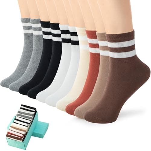 SISOSOCK Quarter Crew Cotton Socks for Women Striped Athletic Casual Breathable Socks 6-10 Pairs with Gifts Box - Image 1