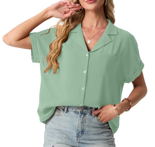 Mintreus Short Sleeve Button Down Women Low V Neck Loose Summer Tops with Pockets Beach Blouse (Mint Green-L) - Image 1