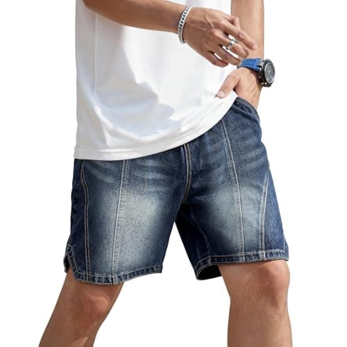 Heyfanee Mens Baggy Jean Shorts Y2k Elastic Waistband Jorts Men Streetwear Wide Leg Denim Shorts for Men Washed Blue 38 - Image 1