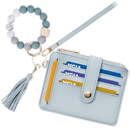 Airkit Wristlet Wallets for Women, Keychain RFID Blocking Credit Card Holder, Small Girly Wallet with Bracelet, Silicone Beaded Tassel Key Ring Card Holder, Light blue - Image 1