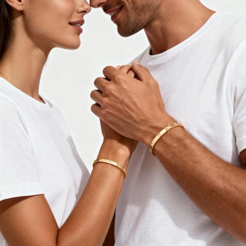 Gold Matching Bracelets for Couples - 2Pcs 18K Gold Plated Stainless Steel Bangles Couple's Match Bracelet Boyfriend Trendy Jewelry, Couple Bracelet Birthday Anniversary Valentines Day Gift for Her - Thumbnail 2