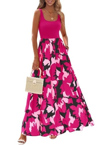 KIRUNDO Women Summer Sleeveless Boho Floral Maxi Dress 2026 Scoop Neck Tank A Line Flowy Beach Vacation Resort Wear Sundress(Rose Red, Large) - Image 1