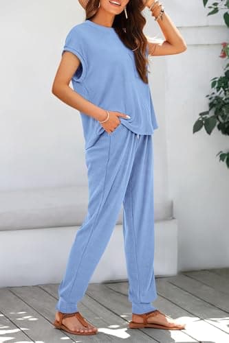 BTFBM Women's Two Piece Tracksuit Outfits Summer Short Sleeve Tops Long Pants Jogger Lounge Matching Sets Sweatsuit(Light Blue,Medium) - Thumbnail 3