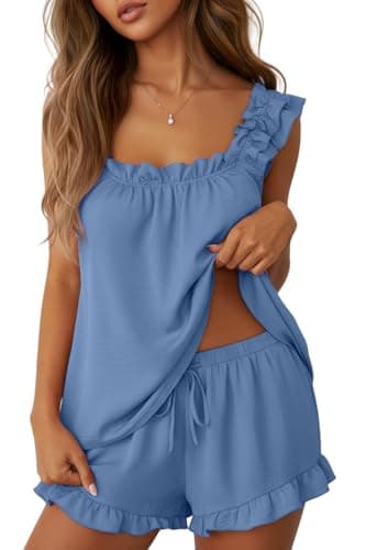 Lepunuo Pajamas 2 Piece Sets Ruffle Square Tank Top Shorts Sleepwear Sets Cute Bridal Pajama Outfits A- Blue - Image 1
