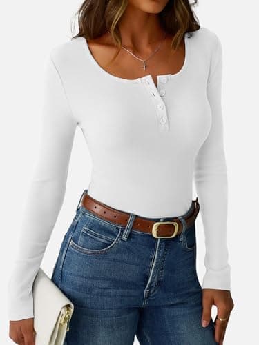 GKBK Womens White Long Sleeve Shirts Ribbed Slim Fitted Tight Henley Shirts Scoop Neck Cute Basic Tee Tshirts Spring Fall Tops 2025 Trendy White M - Thumbnail 3