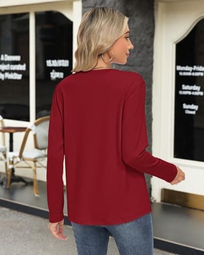 WNEEDU Winter Clothes for Women Warm Button Down Henley Long Sleeve Shirt Fall Fashion Casual Sweatshirt(Red,XL) - Thumbnail 3