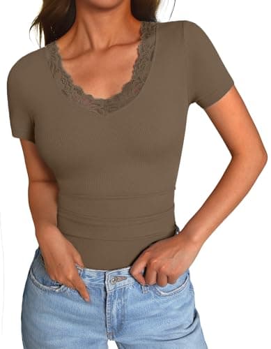 GKBK V Neck T Shirts for Women Lace Tops Going Out Casual Ribbed Tight Fitted Shirts Basic Tee Shirt 2026 Spring Clothes Summer Fashion Outfits Trendy Brown - Image 1