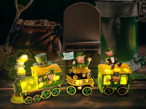 Hexagram St Patricks Day Decorations Train, Lighted Saint Patrick Decor for Tabletop, Leprechaun Centerpieces Table Centerpieces, Ireland St Patricks Day Decorations for Home Decorative Figurines - Thumbnail 4