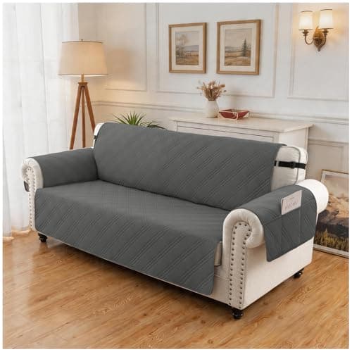 Eusalioy 100% Waterproof Couch Cover for Dogs, Washable Anti-Slip Sofa Cover with Elastic Straps & Side Pockets, Quilted Furniture Protector for Kids & Pets (3 Cushion 68", Dark Grey) - Thumbnail 6