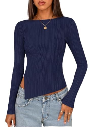 MEROKEETY Women's Fall Long Sleeve Sweater Tops 2025 Boat Neck Ribbed Asymmetric Lightweight Knit Shirts, Navy, X-Large - Image 1