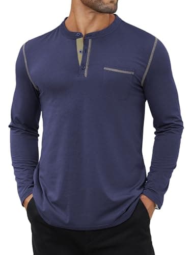 Hardaddy Men's Color Contrast Henley Shirt Long Sleeve Button T-Shirt Lightweight Henley Tshirt for Men Basic Pullover Shirt with Pocket Navy Blue 3XL - Image 1