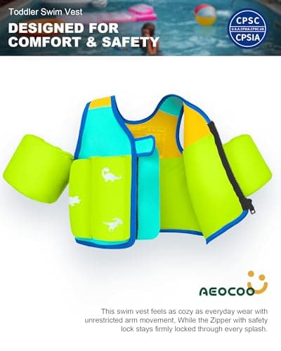 AEOCOO Toddler Swim Vest 20-30-50-70 Pounds, Kids Pool Floaties for 1-2-3-5-7-9 Years Old, Comfortable Wear Bright Float Jacket with Water Ring, Unpadded Sides for Arm Comfort, Boys, Girls, Blue - Thumbnail 2