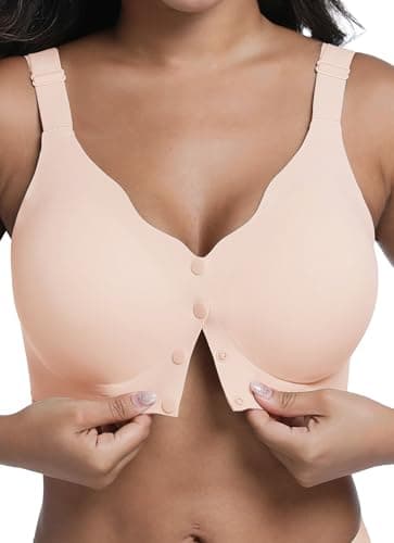 HiMONE Front Closure T Shirt Bras for Women Wireless Pushup Bra Full Coverage No Underwire Comfort Lift Smoothing Everyday Bra Easy Snap（Beige-M） - Image 1