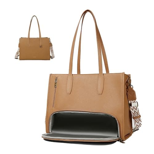 buyborgood Women’s Large leather Work Tote Bag with 14" Laptop Compartment Insulated Lunch Box, Light Brown - Image 1