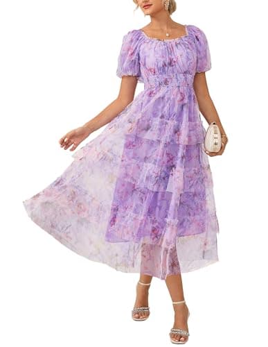 GRACE KARIN Women's 2026 Summer Midi Tulle Dress,Square Neck Puff Sleeve Smocked Mesh Dresses,Wedding Guest Party Dresses Purple Pink S - Image 1