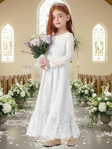 ALLOVIN Toddler & Girls Long Sleeve Lace Flower Girl Dress Maxi Boho A-Line Dress for Wedding Baptism 1st Communion | White | 8-9Y - Thumbnail 2