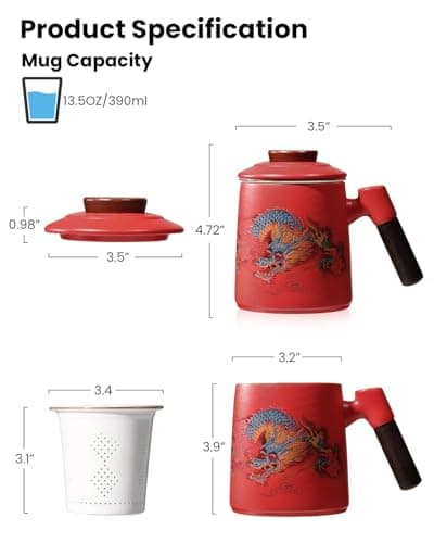 Foinly Ceramic Tea Cup with Infuser and Lid, 13.5 oz Tea Mug for Loose Leaf Tea,Wood Handle,Chinese Dragon Design,All Porcelain Strainer,BPA-Free, Perfect for Tea Lovers/Birthday/Easter (Red） - Thumbnail 3