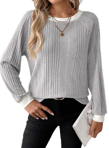 Dokotoo Long Sleeve Shirts for Women Early Fall Fashion 2025 Casual Solid Loose Fit Basic Tshirts Shirts for Women Cute Cozy Crewneck Business Womens Tops Knitted Contrast Pullover Tunics Gray Large - Image 1