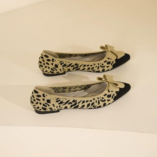 AHZEHRSE Flats Shoes Women Dressy Comfortable Work Shoes Leopard Print Flats Dress Shoes Breathable Mesh Flats Classic Pointed Toe Flats Knit Ballet Flats with Bow - Thumbnail 6