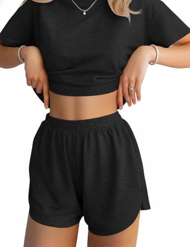 JUSTFASHIONNOW Pajama Shorts Set for Women 2 Piece Short Sleeve Lounge Sets Sleepwear Comfy Split Short Pajama Set Soft Summer Outfits Loungewear Pj sets Black L - Image 1