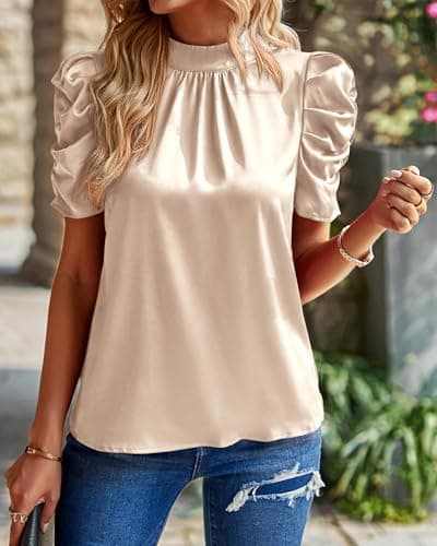 BTFBM Womens Tops Dressy Casual Mock Neck Puff Short Sleeve Shirts Back Tie Business Work Blouses Summer Fall 2025(Solid Beige, Small) - Thumbnail 5