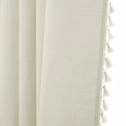 LIMON HOME Cream Blackout Curtains 90 Inch Long,Light Beige Linen Boho Black Out Curtians with Tassels for Living Room Bedroom Thermal Insulated Grommet Window Treatments Drapes 52 x 90 Inch - Image 1