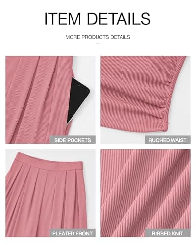 BTFBM Womens 2 Piece Outfits Spring 2026 V Neck Cap Sleeve Ruched Top Wide Leg Pants Sets Rib Knit Lounge Matching Set(Dusty Pink, Large) - Thumbnail 6