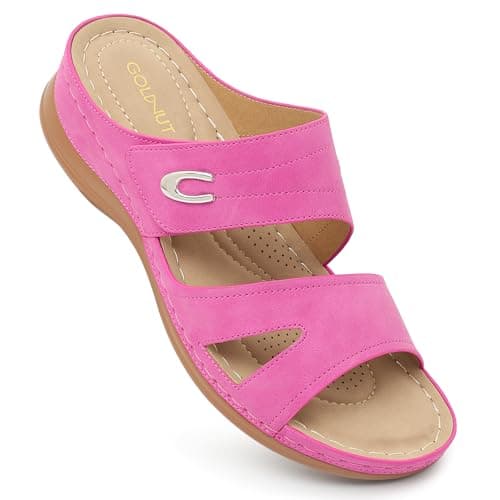 Goldnut Hot Pink Wedge Sandals for Women Dressy, Slip On Womens Slide Comfortable Walking Platform Sandals Summer Size 7.5 - Image 1