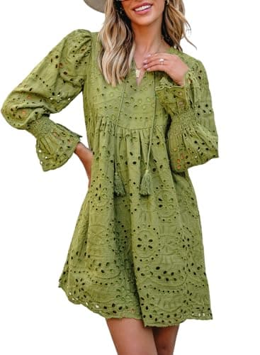 Dokotoo Casual Dresses for Women 2026 Fashion Long Sleeve Tassel V Flowy Cocktail Boho Dress Tassel Tie Cotton High Waist Embroidered Hollow Out Green Dress XX-Large - Image 1