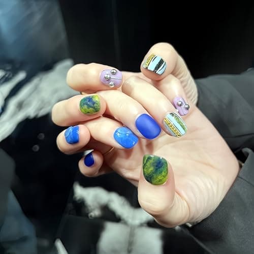 Fine Point Handmade Press-On Nails Set, Short Squoval, Funky Cobalt Blue Aura Green Swirl, 3D Stud Accent, Designer Artistic Novelty Fashion, Pop-Star Showgirl, Cosmic Coquette (Size Large) - Thumbnail 3