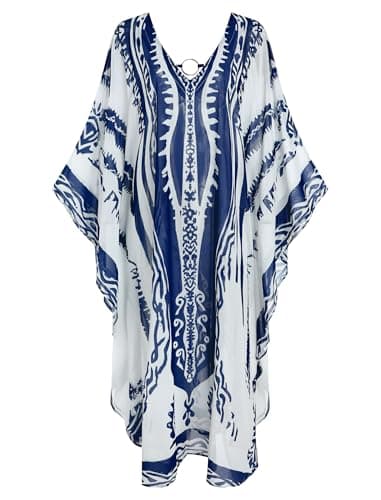 ZAFUL Kaftan Dresses for Women Moo Moos Plus Size O Ring V Neck Batwing Sleeves Beach Cover Ups Hawaii Summer Vacation Outfits Caftan Maxi Dress Loungewear Blue - Thumbnail 6