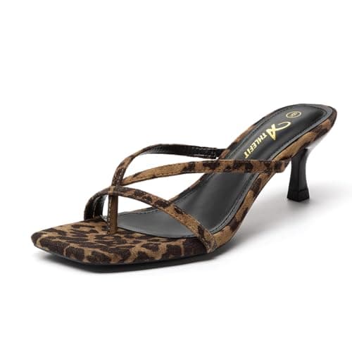 Athlefit Women's Strappy Kitten Heels Square Open Toe Flip Flop Low Heels Summer Fashion Party Dress Shoes Thong Heeled Sandals Leopard Size 6 - Image 1