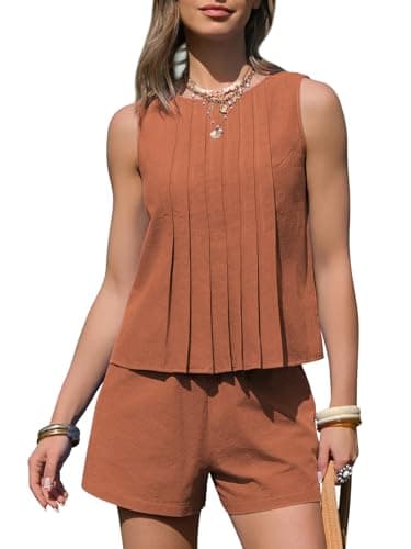 EXLURA Linen Sets for Women 2 Piece Sleeveless Pleated Babydoll Tops Casual Matching Short Set Summer Beach Vacation Outfits