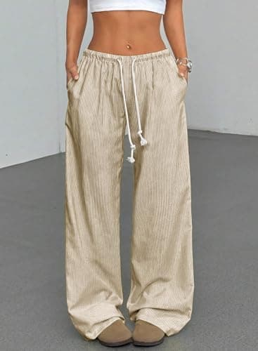 AlvaQ Plus Size Boxer Pants for Women 2025 Fall Fashion Outfits Loose Elastic Waist Sweatpants Baggy Slacks with Pockets Beige 4X - Thumbnail 2