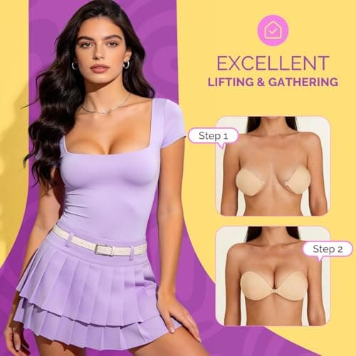 VogaChic Invisible Sticky Bra Push Up, Reusable Adhesive Bra for Backless Dress, Seamless Silicone Nipple Covers for Women's Exotic Bustiers & Corsets (B Cup, Beige, 2PCS) - Thumbnail 2