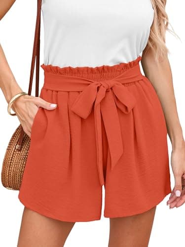DEARCASE Women's Wide Leg Shorts with Pockets Orange Red Medium High Waisted Adjustable Lightweight Tie Knot Loose Fit Summer Lounge Cute Trousers - Image 1