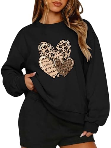 PEFYERVERY 2026 Women Sweatshirt Loose Fit Crewneck Long Sleeve Pullover Heart Leopard Print Graphic Hip-Hop Y2k Street Oversize Style Sweater Black L - Image 1