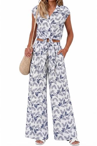 PRETTYGARDEN 2 Piece Sets For Women Summer Striped Button Down Tie Front Crop Tops Wide Leg Pants Floral Lounge Set 2026(Flower Navy,Small) - Image 1