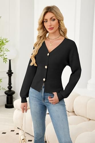ECOWISH Cardigan Sweaters for Women 2025 Fall Long Sleeve V Neck Button Down Cropped Sweater Winter Ribbed Knit Outwear 475 Black S - Thumbnail 2