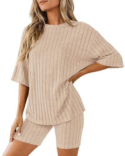 KIRUNDO Lounge Sets For Women 2 Piece Ribbed Knit Shorts Set Casual Short Sleeve Tops Biker Shorts Vacation Cruise Outfits (Beige, Medium) - Image 1